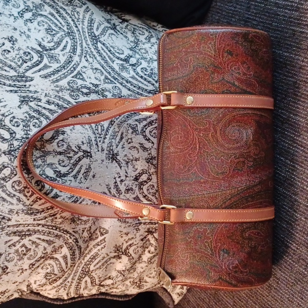 👜ETRO BROWN PAISLEY PRINT COATED CANVAS BOSTON BAG - Picture 2 of 16
